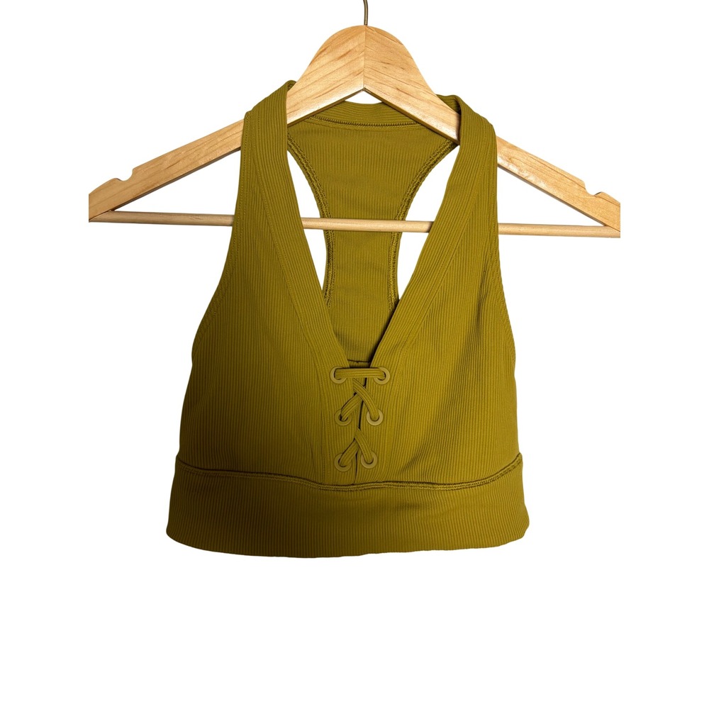 OFFLINE by Aerie Ribbed Lace Up Sports Bra Mustard Yellow Medium Support Small